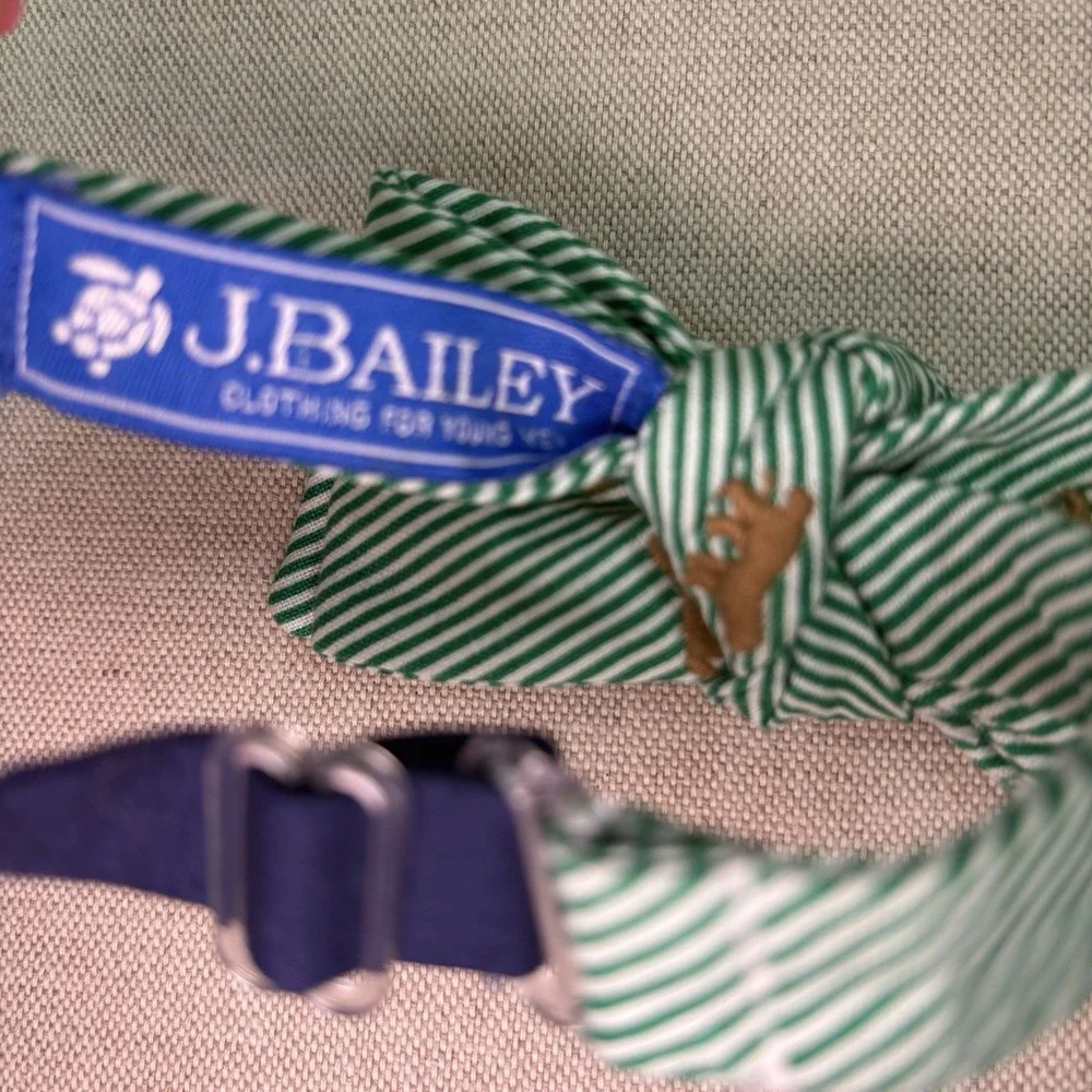 J.BAILEY Green Striped Cotton Dog Embroidered Adjustable Bow Tie. Youth Size